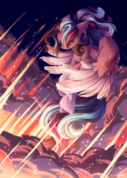 Size: 2000x2811 | Tagged: safe, artist:neonishe, imported from derpibooru, oc, oc only, oc:blasty, pegasus, pony, ear piercing, earring, explosion, flying, jewelry, piercing, rubronycon, smiling, solo