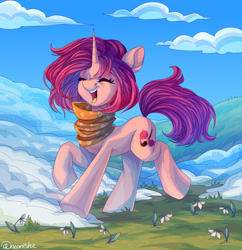 Size: 2500x2578 | Tagged: safe, artist:neonishe, imported from derpibooru, oc, oc only, oc:delusive rose, pony, unicorn, clothes, cloud, cute, eyes closed, female, flower, grass, happy, mare, rubronycon, scarf, sky, smiling, snow, solo