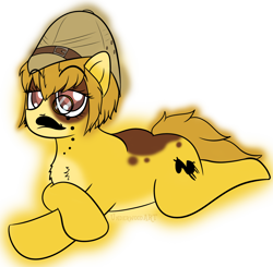 Size: 1686x1650 | Tagged: safe, artist:underwoodart, imported from derpibooru, oc, oc only, oc:cham-cham, earth pony, pony, brown coat, brown eyes, brown mane, earth pony oc, eyebrows, eyebrows visible through hair, fake moustache, hat, lying down, monocle, multicolored coat, palindrome get, pith helmet, simple background, transparent background, yellow coat