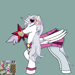 Size: 1500x1500 | Tagged: artist needed, source needed, safe, imported from derpibooru, oc, oc only, oc:κασσάνδρα, alicorn, pony, alicorn oc, clothes, cross-popping veins, eyes closed, horn, magic wand, solo, wings