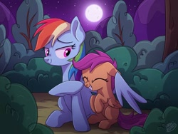 Size: 1024x768 | Tagged: safe, artist:golden bloom, imported from derpibooru, rainbow dash, scootaloo, pegasus, pony, boop, bush, duo, duo female, eyes closed, female, filly, floppy ears, foal, forest, full moon, grin, hug, mare, moon, night, scootalove, sibling love, signature, sisterly love, sitting, smiling, stars, tree, winghug, wings