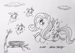 Size: 3533x2513 | Tagged: safe, artist:debmervin, imported from derpibooru, fluttershy, bird, pegasus, pony, bird nest, crossover, nest, peanuts (comic), traditional art, woodstock (peanuts)