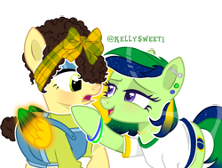 Size: 2320x1752 | Tagged: safe, artist:kellysweet1, imported from derpibooru, oc, oc only, oc:maria potranca, oc:sol shines, earth pony, pegasus, pony, bedroom eyes, blushing, bracelet, brazil, clothes, duo, ear piercing, earring, eyeshadow, female, hair over one eye, headband, hoof on chin, jewelry, looking at each other, looking at someone, makeup, mare, multicolored hair, nation ponies, open mouth, overalls, piercing, ponified, raised hoof, shirt, simple background, t-shirt, transparent background