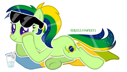 Size: 1957x1113 | Tagged: safe, artist:kellysweet1, imported from derpibooru, oc, oc only, oc:maria potranca, earth pony, pony, alternate hairstyle, blushing, brazil, drink, female, glass, mare, multicolored hair, ponytail, simple background, straw, sunglasses, towel, transparent background