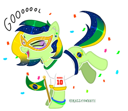 Size: 1585x1374 | Tagged: safe, artist:kellysweet1, imported from derpibooru, oc, oc only, oc:maria potranca, earth pony, pony, brazil, clothes, confetti, ear piercing, earring, excited, eyes closed, eyeshadow, female, flag, goal, happy, jewelry, makeup, mare, mask, multicolored hair, piercing, raised leg, shirt, simple background, solo, t-shirt, transparent background, wristband