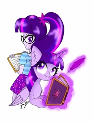 Size: 768x1024 | Tagged: artist needed, source needed, safe, imported from derpibooru, sci-twi, twilight sparkle, alicorn, human, pony, equestria girls, book, human ponidox, magic, quill, self paradox, self ponidox, simple background, telekinesis, twilight sparkle (alicorn), white background