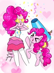 Size: 768x1024 | Tagged: artist needed, source needed, safe, imported from derpibooru, pinkie pie, earth pony, human, pony, equestria girls, ><, eyes closed, human ponidox, open mouth, open smile, party cannon, self paradox, self ponidox, smiling, starry eyes, wingding eyes