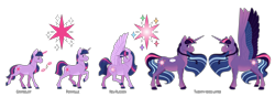 Size: 7000x2460 | Tagged: safe, artist:jackiebloom, imported from derpibooru, twilight sparkle, alicorn, pony, unicorn, the last problem, age progression, alternate cutie mark, alternate design, colored wings, ethereal mane, hoers, multicolored wings, older, older twilight, princess twilight 2.0, simple background, size comparison, size difference, solo, spread wings, starry mane, transparent background, twilight sparkle (alicorn), ultimate twilight, unicorn twilight, wings