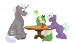 Size: 1280x732 | Tagged: safe, artist:itstechtock, imported from derpibooru, oc, oc:emerald grove, oc:gilded leaf, oc:polished lance, kirin, pony, unicorn, apple, colt, foal, food, magic, male, simple background, stallion, transparent background