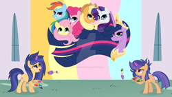 Size: 1024x578 | Tagged: safe, artist:velveagicsentryyt, imported from derpibooru, applejack, fluttershy, pinkie pie, rainbow dash, rarity, twilight sparkle, oc, oc:galaxy swirls, oc:velvet sentry, alicorn, pony, unicorn, base used, deviantart watermark, easel, female, magic, mane six, mare, obtrusive watermark, offspring, older, older twilight, parent:flash sentry, parent:twilight sparkle, parents:flashlight, princess twilight 2.0, twilight sparkle (alicorn), watermark