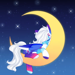 Size: 1280x1280 | Tagged: safe, artist:aledera, imported from derpibooru, oc, oc only, oc:seaside nebula, pegasus, pony, crescent moon, female, gradient background, mare, moon, sky, sleeping, sleeping on moon, solo, stars, tangible heavenly object