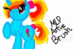 Size: 1069x720 | Tagged: safe, artist:mlpluckycharm, imported from derpibooru, oc, oc only, oc:artie brush, pony, unicorn, female, horn, mare, multicolored hair, one eye closed, paint, paintbrush, ponytail, rainbow hair, raised hoof, simple background, smiling, text, white background, wink, youtube link