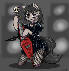 Size: 1000x1034 | Tagged: safe, artist:n-o-n, imported from derpibooru, octavia melody, earth pony, pony, bipedal, clothes, dress, fishnets, latex, makeup, metal, musical instrument, piercing, solo