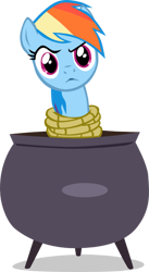 Size: 400x729 | Tagged: safe, artist:sakenichi, imported from derpibooru, rainbow dash, pegasus, pony, magical mystery cure, a true true friend, cauldron, female, mare, multicolored hair, rainbow dash is not amused, rainbow hair, rope, simple background, tied up, transparent background, unamused, vector