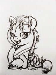 Size: 3120x4160 | Tagged: safe, artist:twiliset, imported from derpibooru, sunny starscout, earth pony, pony, spoiler:g5, confident, cute, g5, looking at you, pencil drawing, simple background, smiling, smiling at you, traditional art