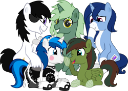 Size: 10000x7141 | Tagged: safe, alternate version, artist:n0kkun, imported from ponybooru, oc, oc only, oc:coltabrien shanaan, oc:crystal glaze, oc:feathertrap, oc:gusty longbow evergreen, oc:soft mane, oc:windy barebow evergreen, earth pony, pegasus, pony, unicorn, clothes, commission, crossdressing, crucifix, eyepatch, femboy, glasses, group pic, hoof over mouth, hoof wraps, maid, male, males only, rule 63, simple background, stallion, stallions only, transparent background, vector