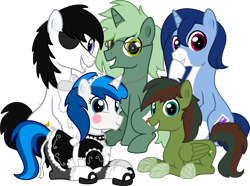 Size: 10000x7435 | Tagged: safe, alternate version, artist:n0kkun, imported from ponybooru, oc, oc only, oc:coltabrien shanaan, oc:crystal glaze, oc:feathertrap, oc:gusty longbow evergreen, oc:soft mane, oc:windy barebow evergreen, earth pony, pegasus, pony, unicorn, clothes, commission, crossdressing, crucifix, cute, eyepatch, femboy, glasses, group shot, hoof over mouth, hoof wraps, lying down, maid, makeup, male, males only, rule 63, simple background, sissy, sitting, smiling, stallion, stallions only, transparent background, vector