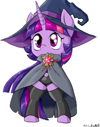 Size: 799x1019 | Tagged: safe, artist:a.s.e, imported from derpibooru, twilight sparkle, semi-anthro, cape, chibi, clothes, costume, female, hat, jewelry, mare, necklace, simple background, socks, solo, thigh highs, white background, witch, witch hat