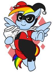 Size: 499x669 | Tagged: safe, artist:jargon scott, imported from derpibooru, rainbow dash, pegasus, pony, rainbow dash presents, chubby, clothes, cosplay, costume, domino mask, female, harley quinn, jar, lidded eyes, looking at you, mare, simple background, smiling, smiling at you, solo, style emulation, sugarcube, tubby wubby pony waifu, white background