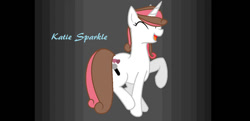 Size: 1023x495 | Tagged: safe, artist:mlpluckycharm, imported from derpibooru, oc, oc only, oc:katie sparkle, pony, unicorn, eyes closed, female, heart, horn, mare, microphone, open mouth, raised hoof, raised leg, smiling, text