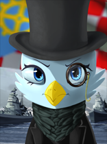 Size: 156x210 | Tagged: safe, imported from derpibooru, oc, oc only, oc:genevieve guildedwing, griffon, equestria at war mod, annoyed, beak, blue eyes, boat, bust, clothes, female, flag, hat, monocle, monocle and top hat, necktie, portrait, ship, solo, suit, top hat