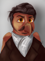 Size: 156x210 | Tagged: safe, imported from derpibooru, oc, oc only, oc:wingbert rohmer, griffon, equestria at war mod, beak, bust, clothes, facial hair, gray background, griffon oc, griffonized, hair, josef stalin, moustache, orange eyes, portrait, simple background, solo, species swap, wings