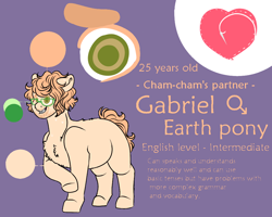 Size: 1000x800 | Tagged: safe, artist:saasart, imported from derpibooru, oc, oc only, oc:gabriel, earth pony, pony, chest fluff, chubby, cutie mark, earth pony oc, glasses, green eyes, male, orange mane, peach coat, purple background, reference sheet, simple background, stallion, stubble, text