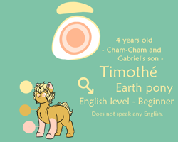 Size: 1000x800 | Tagged: safe, artist:saasart, imported from derpibooru, oc, oc only, oc:timothe, earth pony, pony, blonde mane, coat markings, colt, earth pony oc, foal, male, orange coat, orange eyes, pink coat, reference sheet, simple background, socks (coat markings), son, teal background, text, two toned coat