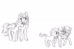 Size: 2048x1374 | Tagged: safe, artist:spectralunicorn, imported from derpibooru, derpy hooves, dinky hooves, twilight sparkle, oc, oc:nyx, alicorn, classical unicorn, pegasus, pony, unicorn, black and white, clothes, cloven hooves, female, filly, foal, glasses, grayscale, hug, leonine tail, lesbian, lineart, mare, monochrome, running, shipping, simple background, twerpy, twilight sparkle (alicorn), unshorn fetlocks, vest, white background, winghug, wings