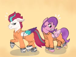 Size: 1335x1000 | Tagged: safe, artist:cloudpeakskate, imported from derpibooru, pipp petals, zipp storm, pegasus, pony, bound wings, clothes, cuffs, duo, emanata, frustrated, g5, jumpsuit, prison outfit, prisoner, shackles, wings