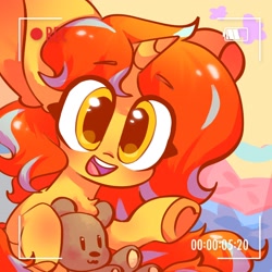 Size: 2048x2048 | Tagged: safe, artist:sunny berry, imported from derpibooru, oc, oc only, oc:cinderheart, bear, pony, unicorn, cute, female, looking at you, open mouth, open smile, pillow, plushie, smiling, smiling at you, solo, teddy bear