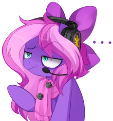 Size: 1000x1079 | Tagged: safe, artist:loyaldis, imported from derpibooru, oc, oc only, oc:lillybit, pony, adorkable, annoyed, bow, clothes, cute, dork, gaming headphones, gaming headset, headphones, headset, scarf, simple background, solo, transparent background