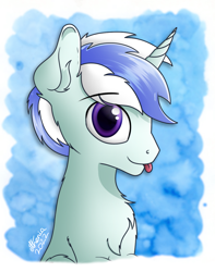 Size: 960x1217 | Tagged: safe, artist:etheria galaxia, imported from derpibooru, oc, oc only, oc:scratch wub, pony, unicorn, :p, abstract background, bust, chest fluff, colored pupils, ear fluff, eyebrows, horn, looking at you, male, portrait, signature, smiling, smiling at you, solo, stallion, tongue out, unicorn oc