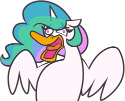 Size: 4250x3452 | Tagged: safe, artist:threetwotwo32232, imported from derpibooru, princess celestia, bird, duck, ducklestia, eye clipping through hair, female, laughing, majestic as fuck, mare, simple background, solo, species swap, transparent background