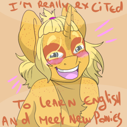 Size: 500x498 | Tagged: safe, artist:saasart, imported from derpibooru, oc, oc:olive, pony, unicorn, ask the french olive, blonde mane, blushing, chubby, freckles, hair tie, horn, markings, orange coat, smiling, text, tumblr, tumblr blog, unicorn oc
