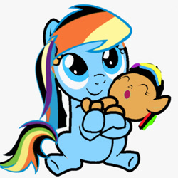 Size: 611x611 | Tagged: safe, artist:jeremythebronyfan276, imported from derpibooru, oc, oc only, oc:juliana dash, oc:kayla dash, pony, baby, baby pony, eyes closed, female, filly, foal, holding a pony, looking up, offspring, parent:oc:jeremy, parent:rainbow dash, parents:canon x oc, simple background, sitting, smiling, white background
