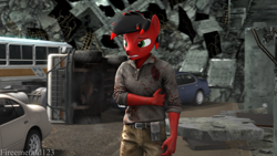 Size: 3840x2160 | Tagged: safe, artist:fireemerald123, imported from derpibooru, oc, oc only, oc:page feather, anthro, 3d, blood, car, destruction, injured, rubble, ruins, source filmmaker, watermark