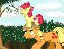 Size: 1080x840 | Tagged: safe, artist:hoofclid, imported from derpibooru, apple bloom, applejack, earth pony, pony, apple bloom riding applejack, apple bloom's bow, applejack's hat, bow, cloud, cowboy hat, female, filly, flower, foal, hair bow, hat, heartwarming, mare, siblings, sisters, sky, tree, wholesome