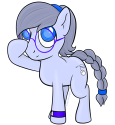 Size: 1377x1500 | Tagged: safe, artist:underwoodart, imported from derpibooru, oc, oc only, oc:doubleclick, earth pony, pony, blue coat, blue eyes, braided tail, computer mouse, earth pony oc, female, glasses, gray mane, hair tie, hairband, mare, round glasses, simple background, solo, tail, transparent background, watch, wristwatch