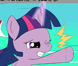 Size: 404x345 | Tagged: safe, artist:neko-me, edit, editor:pagiepoppie12345, imported from derpibooru, twilight sparkle, pony, unicorn, ace attorney, cropped, emanata, female, glowing, glowing horn, grin, horn, horngasm, magic, mare, objection, one eye closed, orgasm, pointing, smiling, unicorn twilight, wink