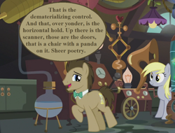 Size: 924x704 | Tagged: safe, edit, edited screencap, imported from derpibooru, screencap, derpy hooves, doctor whooves, time turner, slice of life (episode), cropped, doctor who, doctor whooves' lab, flameless fireworks, lamp, speech, speech bubble, talking, the doctor, the time meddler