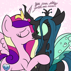 Size: 2000x2000 | Tagged: safe, artist:dafiltafish, imported from derpibooru, princess cadance, queen chrysalis, alicorn, changeling, changeling queen, pony, abstract background, blue blush, blushing, cadalis, canterlot wedding 10th anniversary, drool, duo, eyes closed, female, g4, implied throuple, kissing, lesbian, shipping, simple background, surprise kiss