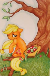 Size: 1362x2047 | Tagged: safe, artist:nocturneglow, imported from derpibooru, applejack, earth pony, pony, apple, applejack's hat, cowboy hat, cute, food, hat, jackabetes, one eye closed, solo, traditional art, tree