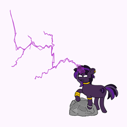 Size: 2500x2500 | Tagged: safe, artist:potatoconnoisseur, derpibooru exclusive, imported from derpibooru, oc, oc only, oc:purple haze, pony, unicorn, angry, art trade, female, jewelry, lightning, magic, mare, rock, simple background, solo, white background