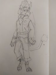 Size: 540x720 | Tagged: safe, artist:xasslash, imported from derpibooru, oc, oc:flynn the icecold, anthro, griffon, bandana, beanie, clothes, hat, male, paw sneakers, photo, sketch, solo, suspenders, traditional art