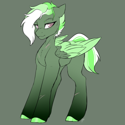 Size: 2000x2000 | Tagged: safe, artist:clay_pony_, derpibooru exclusive, imported from derpibooru, oc, oc only, oc:virulent conveyance, pegasus, pony, fanfic:pegasus device, fanfic:rainbow factory, coat markings, colored hooves, colored wings, commission, ears back, fanfic art, female, folded wings, full body, green fur, green mane, high res, hooves, mare, multicolored hair, multicolored mane, pegasus oc, scar, serious, serious face, shaved head, shaved mane, short hair, short mane, short tail, socks (coat markings), solo, tail, wings