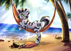 Size: 4000x2896 | Tagged: safe, artist:raranfa, imported from derpibooru, oc, oc only, oc:nyota, zebra, fallout equestria, fallout equestria: dead tree, beach, coconut cup, female, hammock, high res, lying down, ocean, palm tree, prone, rule 63, sand, smiling, solo, starkatteri, sultry pose, sunglasses, sunlight, tree, water, zebra oc