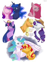 Size: 810x1080 | Tagged: safe, artist:noxvoca, artist:scribble, imported from derpibooru, applejack, pinkie pie, princess cadance, princess celestia, princess luna, rarity, sunset shimmer, twilight sparkle, alicorn, earth pony, pegasus, pony, unicorn, the last problem, accessory theft, bust, crown, female, jewelry, lesbian, mare, new crown, no pupils, older, older twilight, pinkamena diane pie, princess twilight 2.0, rarijack, regalia, shipping, simple background, traditional art, twilight sparkle (alicorn), white background