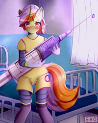 Size: 2917x3642 | Tagged: safe, artist:koizumisho, imported from derpibooru, oc, oc only, oc:quick stitch, anthro, unicorn, anthro oc, armor, bed, blushing, clothes, concerned, eye clipping through hair, eyebrows, eyebrows visible through hair, giant syringe, gloves, grin, hat, high res, horn, hospital bed, latex, latex gloves, leggings, male, medic, medicine, nurse hat, signature, smiling, solo, stallion, syringe, unicorn oc