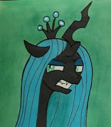 Size: 1483x1685 | Tagged: safe, artist:polar_storm, imported from derpibooru, queen chrysalis, changeling, changeling queen, angry, canterlot wedding 10th anniversary, colored background, crown, female, green background, green eyes, jewelry, regalia, simple background, solo, traditional art